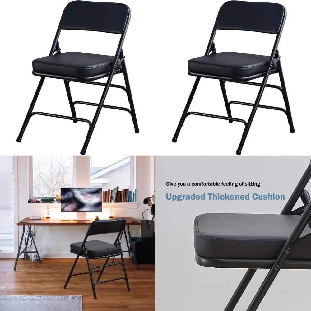 Folding chairs with ultra thick padded seat Folding chair Comfortable metal chairs for interior with soft cushion Black