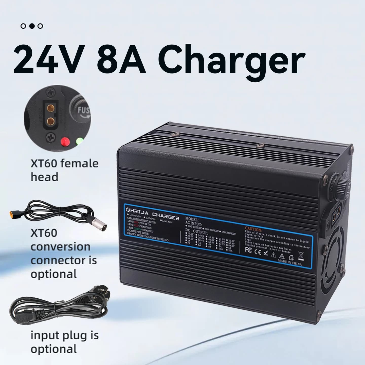 Caricabatterie rapido con guscio in alluminio 24V 8A Appositamente progettato per batterie al piombo a 2 corde con ventola di raffreddamento e connettore staccabile