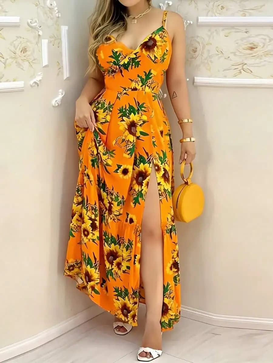 Maxi Length All-Over Floral Print Casual Bohemian Party High Slit Thigh Slit Beach Vacation Dress, Summer Elegant