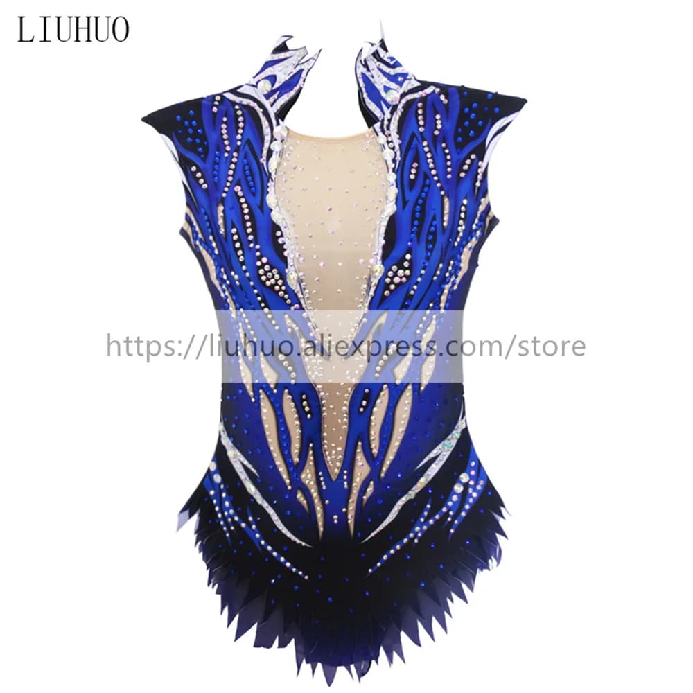 LIUHUO Vestito da Pattinaggio di Figura per Ragazze da Donna Prestazioni sul Ghiaccio Ginnastica Ritmica Concorso Body da Ballo Costume Artistico Blu