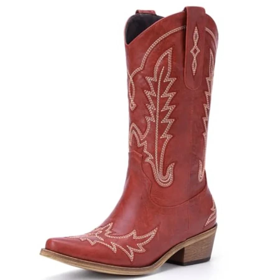 Rivalran Cowboy Boots for Women - Cowgirl Boots with Embroidery, Chunky Heel Pointed Toe Pull-on Vintage Western Mid Calf Fashi
