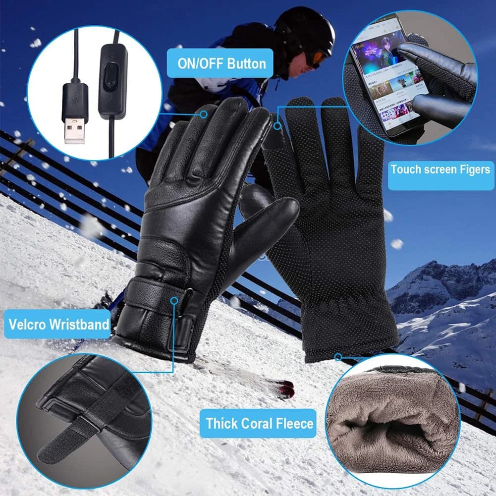Guanti riscaldanti elettrici invernali USB Guanti riscaldati termici in PU Scaldamani morbidi Guanti riscaldanti in pelle per la pesca Equitazione Ciclismo