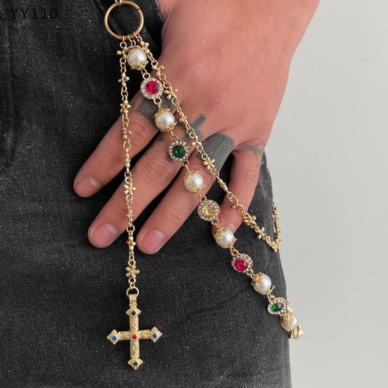 〔YY110〕Portachiavi con ciondolo a croce punk, catena per pantaloni con perle finte stile rock goth, catena per jeans hip hop, accessori per abbigliamento