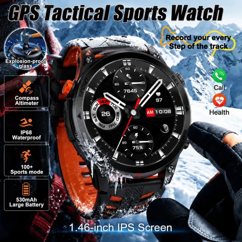 GPS Map Smart Watch Satellite Navigation 1.46" HD Screen IP68 Waterproof 530mAh Battery Compass Outdoor Sport Smartwatch Men