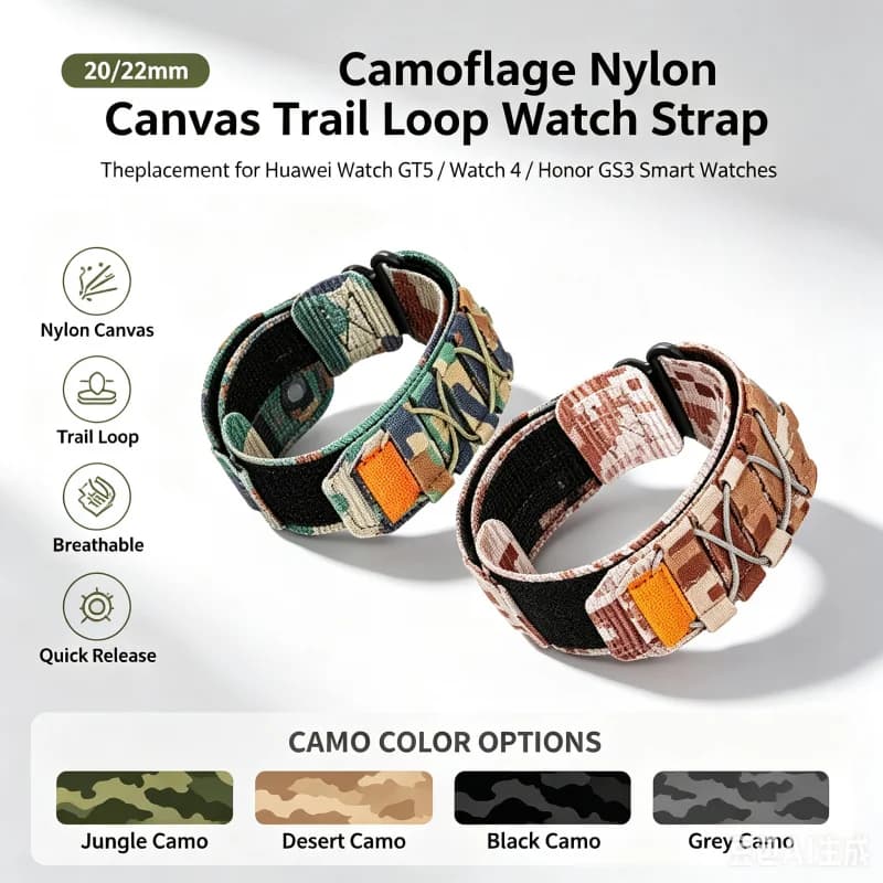 20/22mm Camouflage Nylon Canvas Trail Loop Watch Strap Replacement for Huawei Watch GT5 Watch 4 Honor GS3 Smart Watches