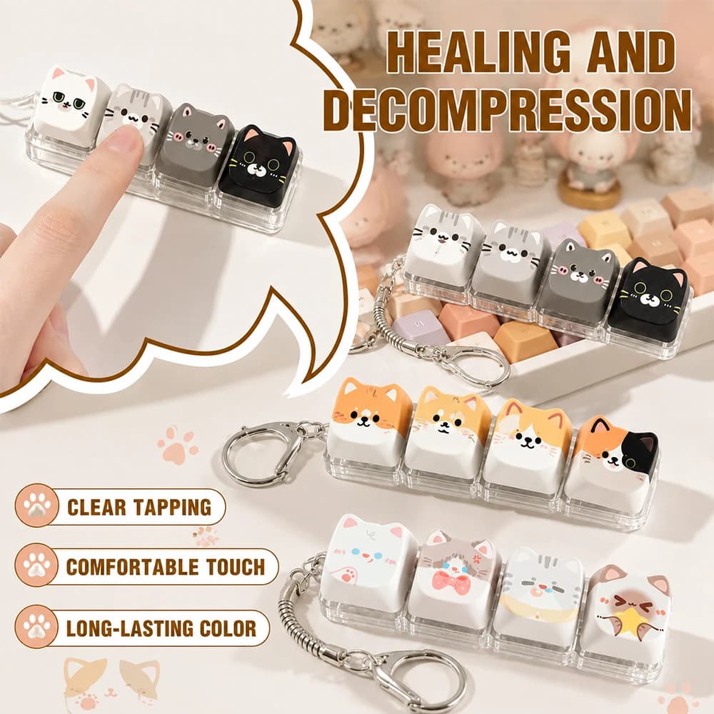Cute Cat Keyboard Fidget 4 Keys Creative Design Keycap Keyring Finger Button Kawaii Mechanical Keyboard Keychain Party Gift