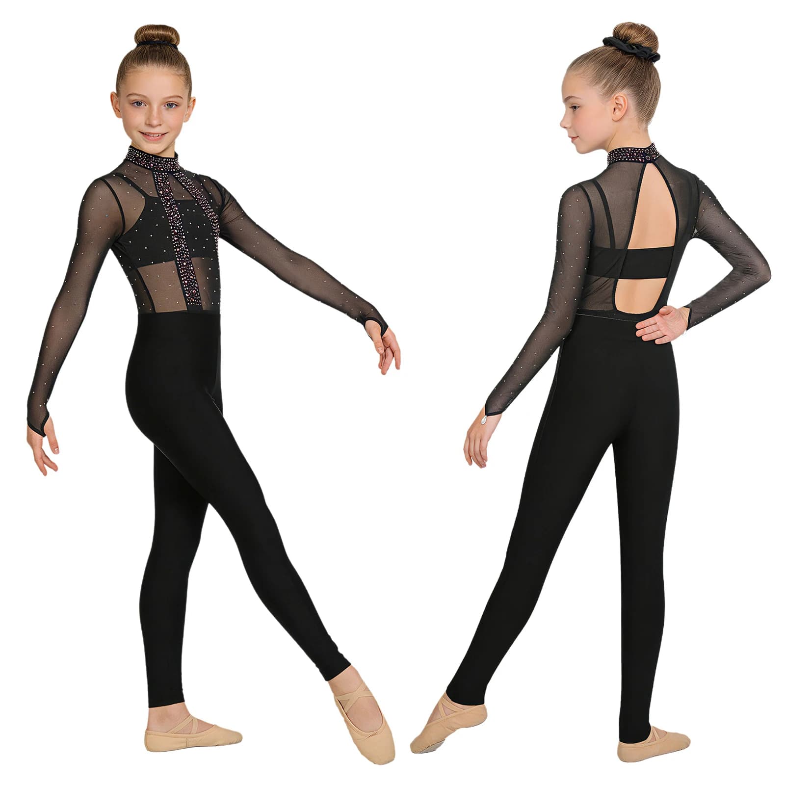 Body da ginnastica artistico per danza classica per ragazze, strass, maglia trasparente, pattinaggio di figura, body da yoga con leggings a canotta, fascia per capelli