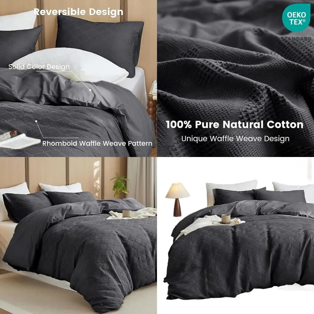 Full size grey anthracite waffle cover set with 2 pillowcases: soft, breathable and durable bed linen