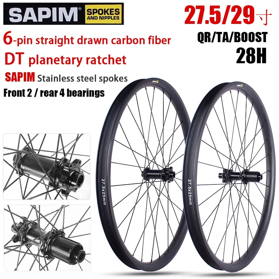 Set di ruote in carbonio 27.5/29 pollici con freno a disco a cricchetto planetario, tiraggio diretto, 28 fori, raggi SAPIM, ruote in carbonio per mountain bike 29er