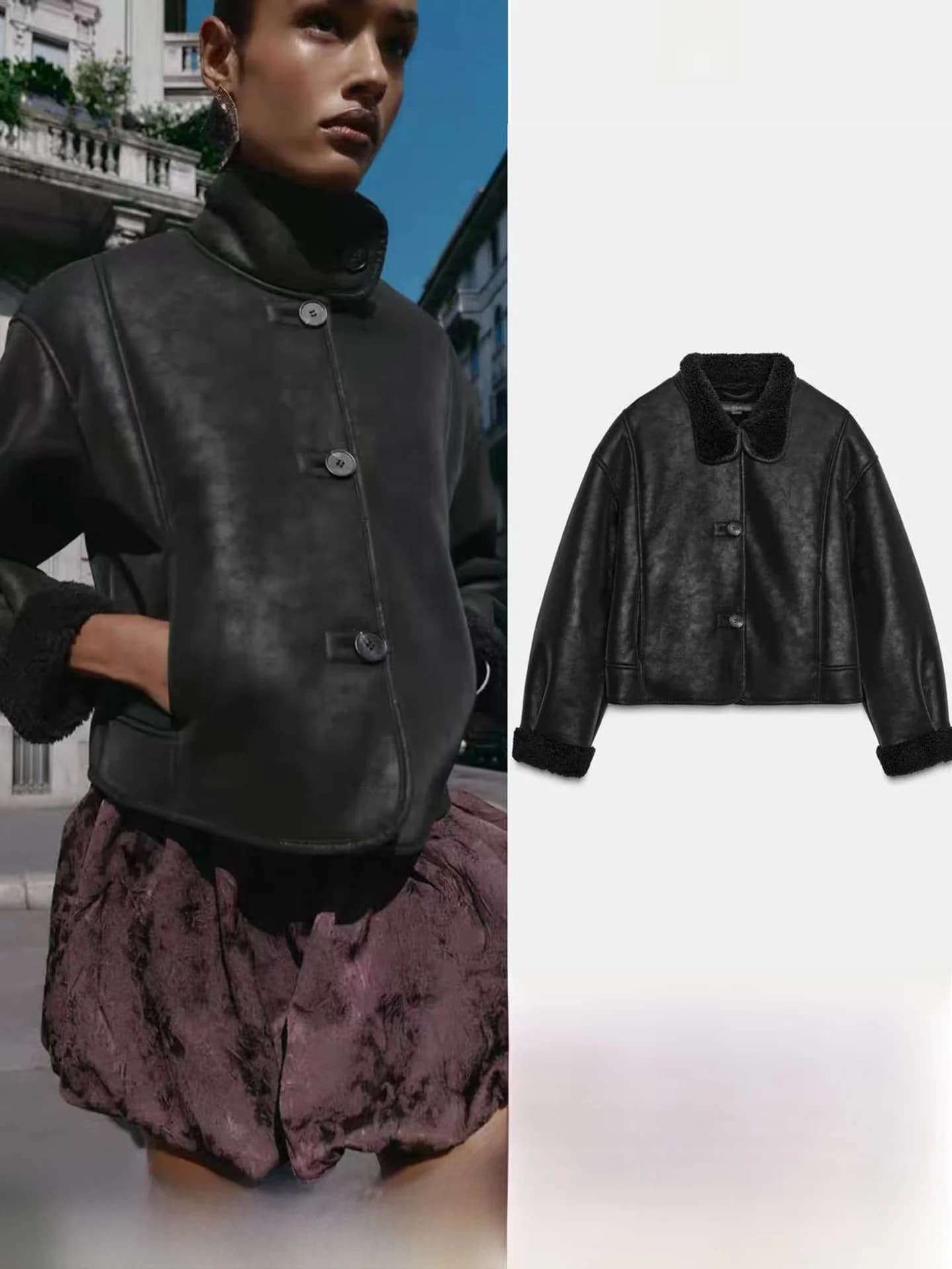 Double-Sided Short Jacket Women's Autumn Winter New Fashion Faux Leather Fur Integrated Casual Style Button Closure Coat