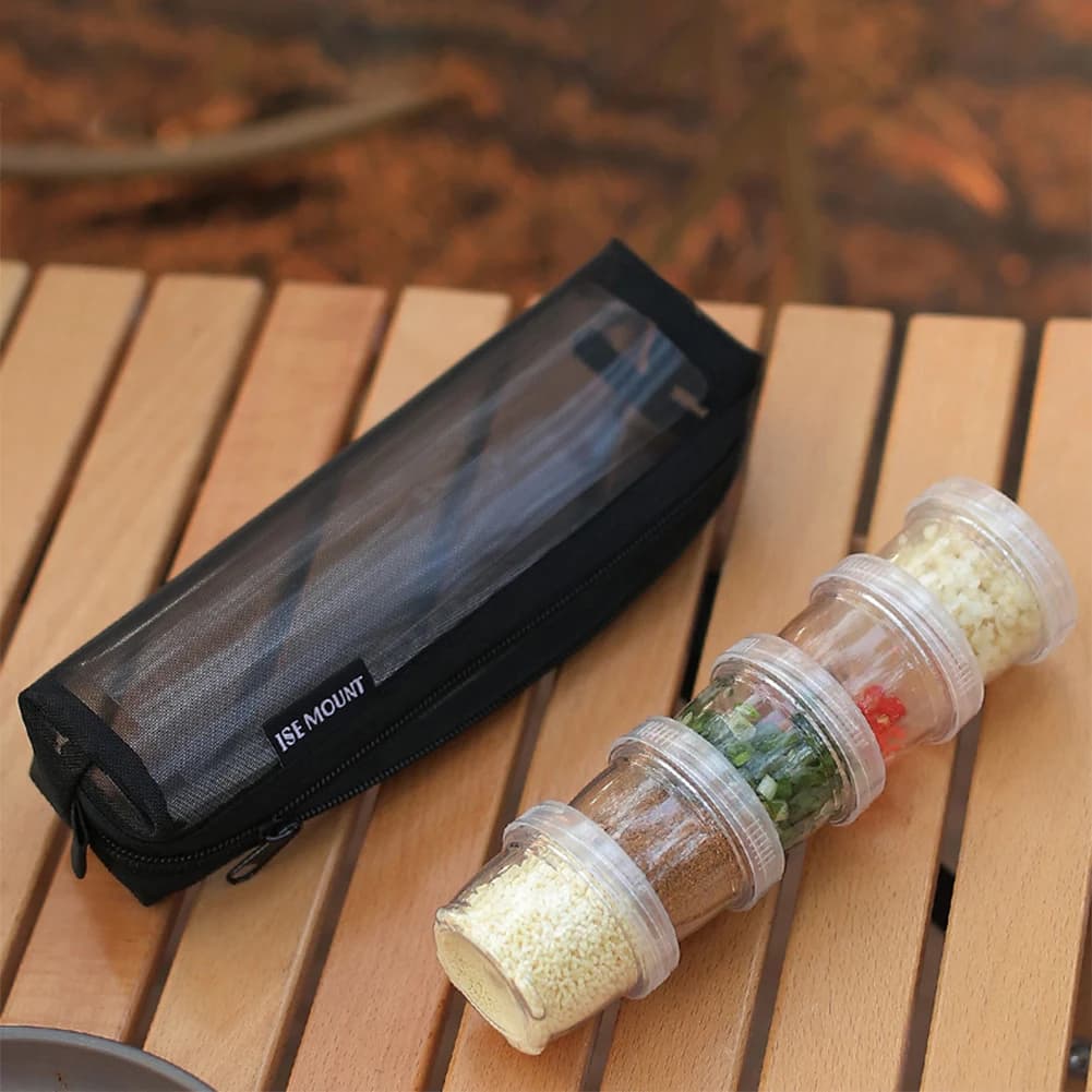 Kit di Spezie da Campeggio con Borsa Portaoggetti e 5 Bottiglie Trasparenti per Condimenti, Set di Contenitori per Spezie per Picnic, Cucina e Barbecue