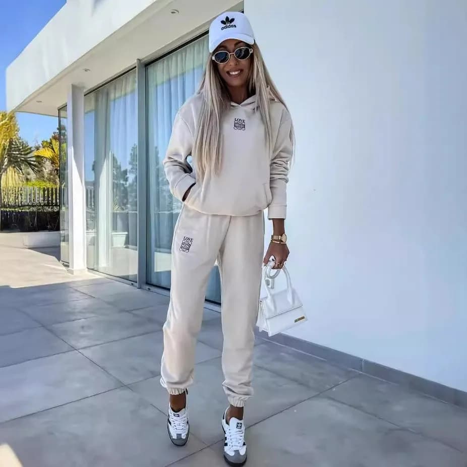 Casual Sportswear Hoodie Set Long Sleeve Pocket Long Pants Two-Piece Suite Pure Color Female Fashion Winter Collection
