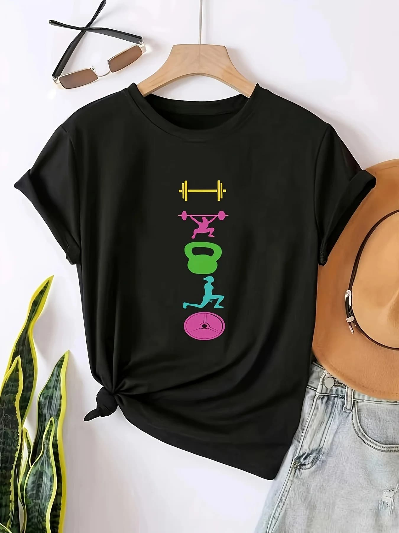 Women Barbell Kettlebell Creative Design Black Round Neck Short Sleeve T Shirt Cool Energetic Style for Spring Summer