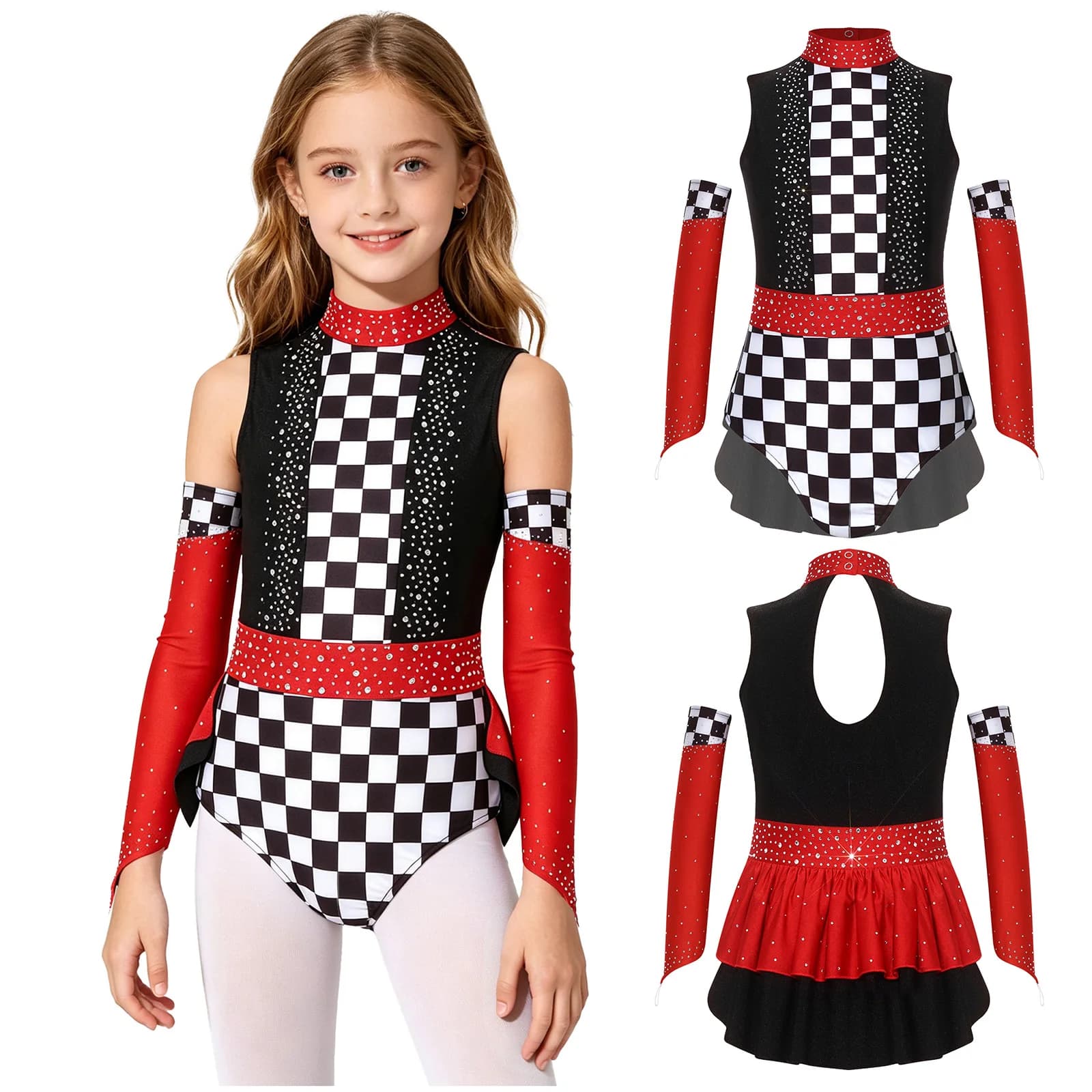 Costume da Pattinaggio Artistico per Bambine, Halloween e Carnevale, con Strass, Senza Maniche, a Quadri, per Danza e Ginnastica