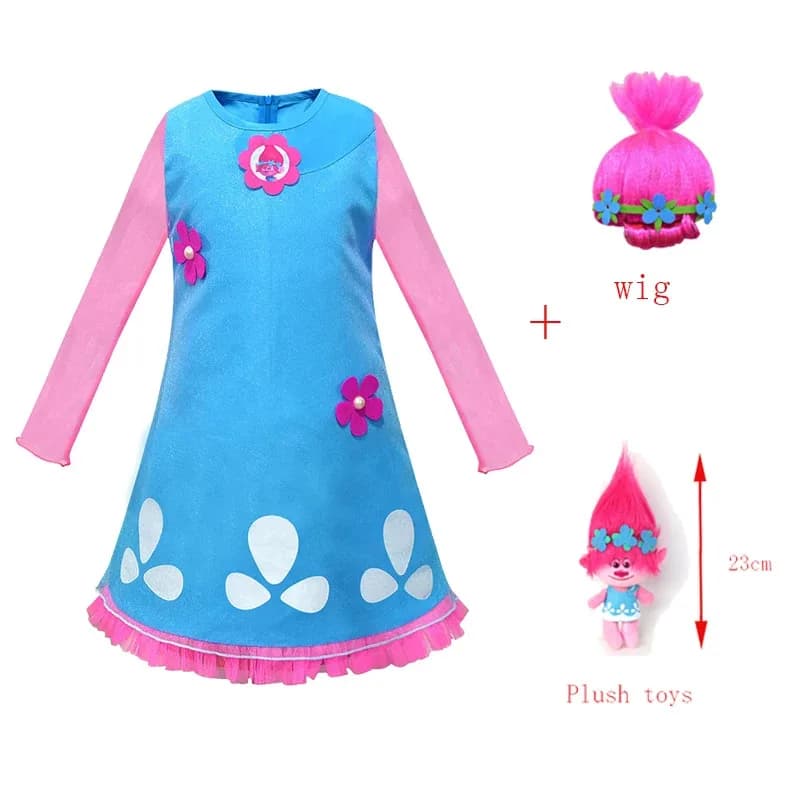 Poppy Costume Cosplay Abito Carnevale di Natale Trolls Parrucca Giocattoli Calzini Ragazze Billy vestiti Bambini Principessa Festa per bambini Vestito