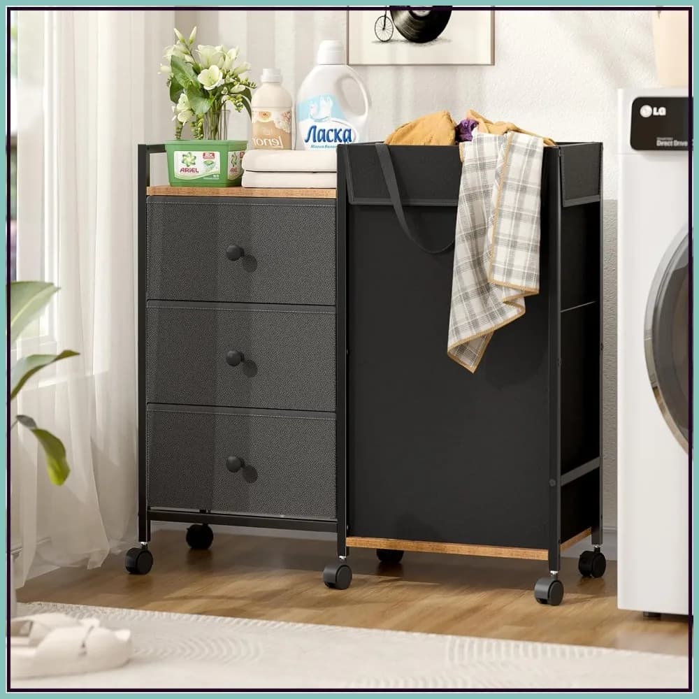 Cesto portabiancheria con ruote, 3 cassetti e ripiano, 123L/32.5 Gal, sacchi in tessuto, organizer per vestiti per camera da letto e bagno