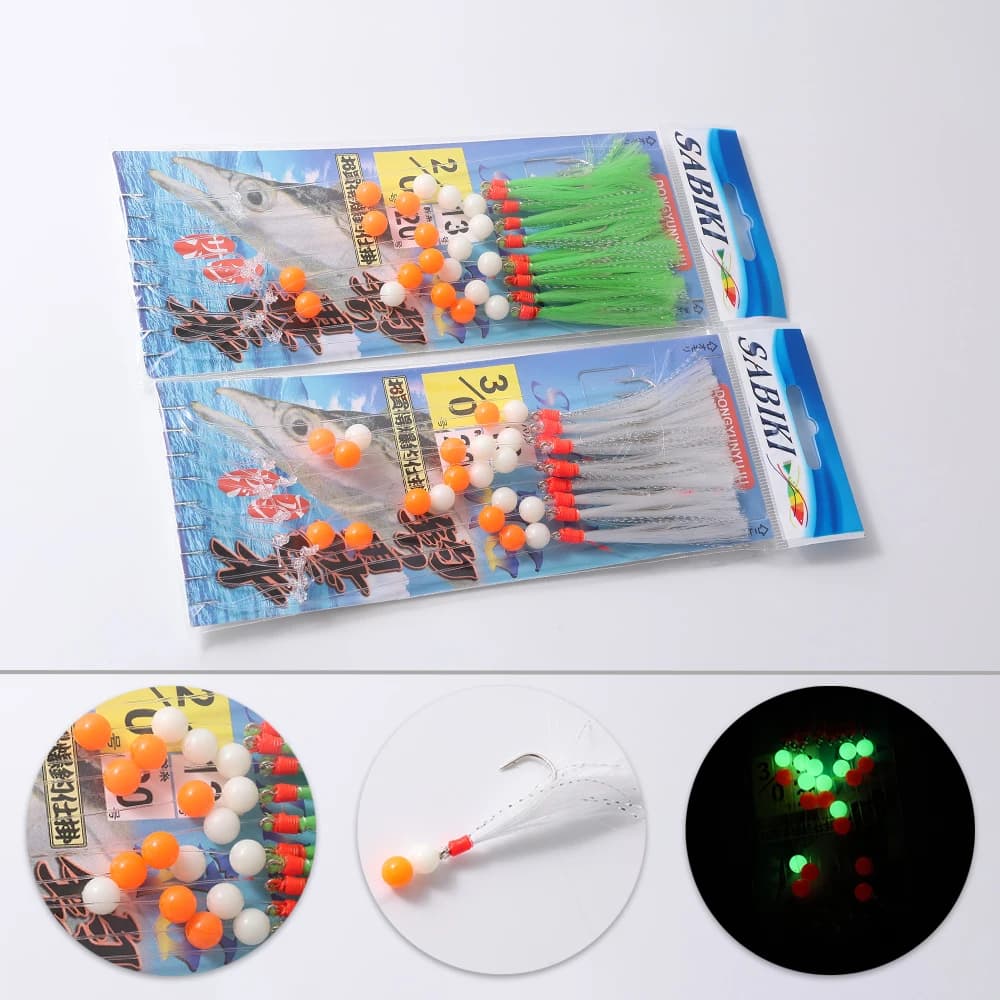 Set da 2 pezzi di ami da pesca in corda sintetica, attrezzatura da pesca marina bianca/verde luminosa, ami con filo per la pesca