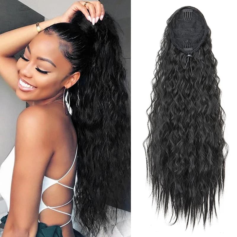 Extension per capelli sintetici ricci e crespi lunghi da 22 pollici con coulisse e clip, neri, per donna