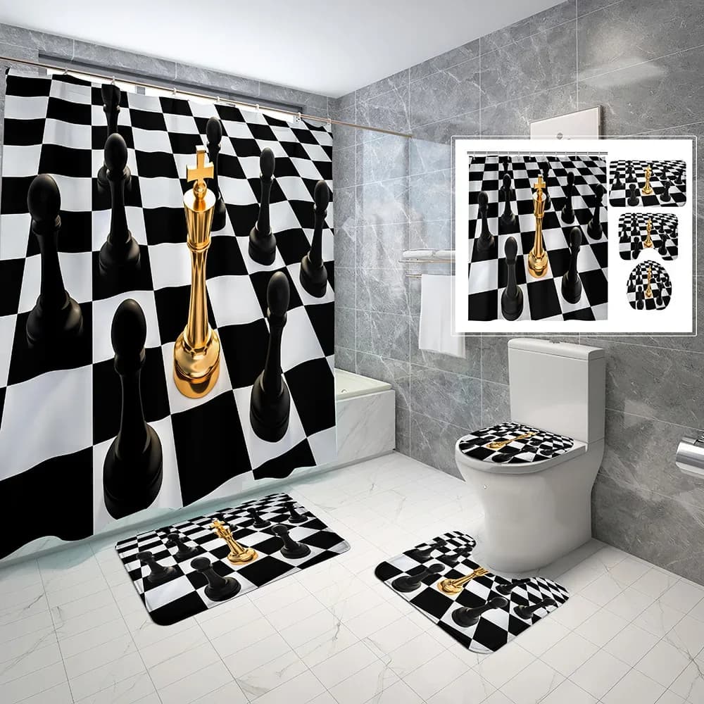 Set di tende da doccia per scacchi in bianco e nero Tappeto antiscivolo Copriwater Tappetino da bagno Tende da bagno digitali per scacchi con testa di cavallo con ganci