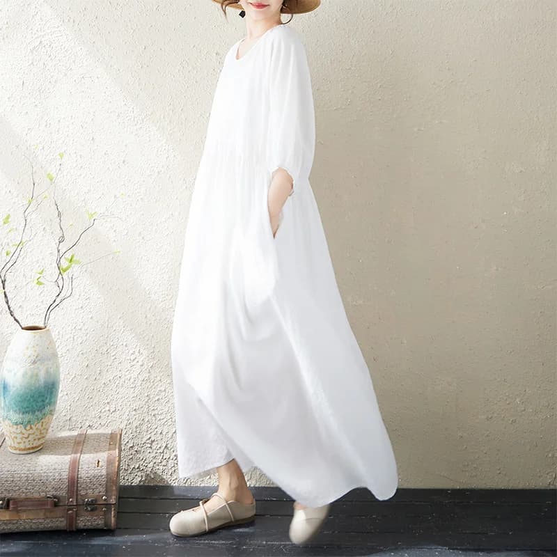Summer New Style Simple White Double Layered Lace Loose Lantern Sleeve round Neck plus Size Dress Artistic Citywalk Cotton Po...