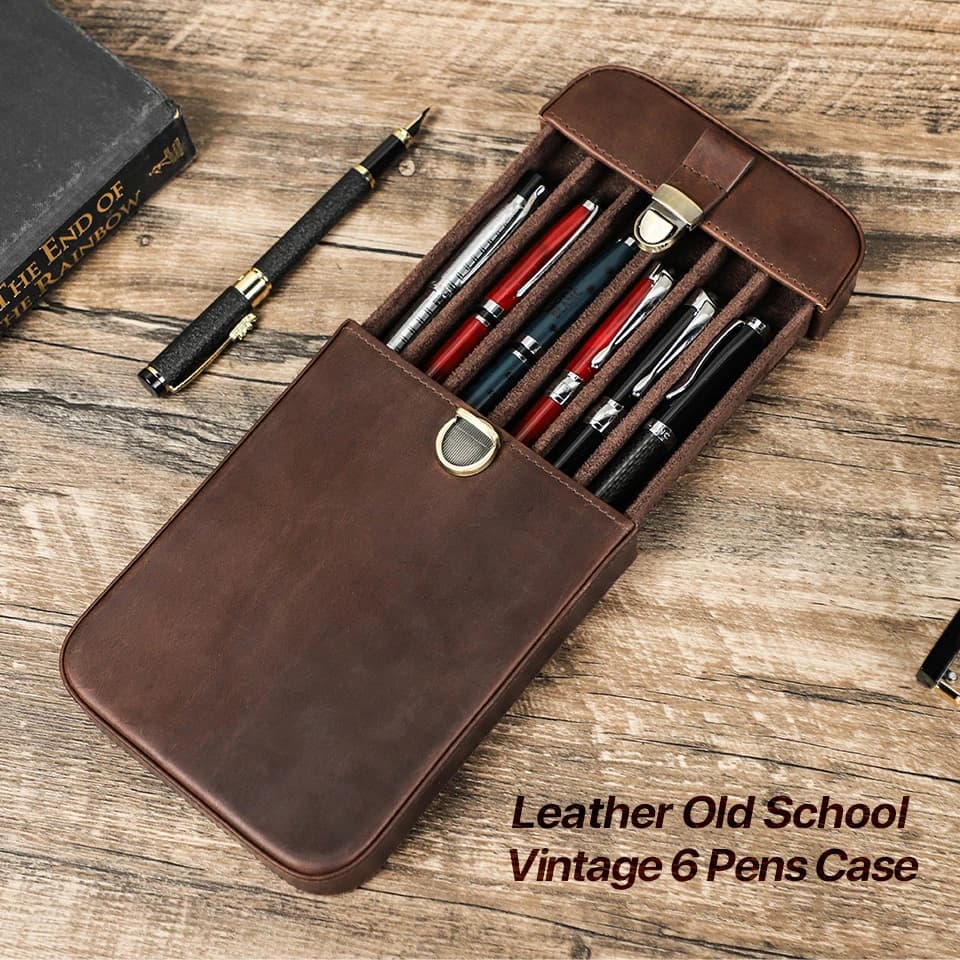 Custodia vintage da 6 penne in vera pelle fatta a mano con serratura e cassetto staccabile, scatola portaoggetti da viaggio per ufficio, 20,6x13x3 cm