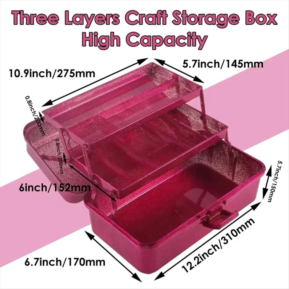 Glitter Pink & Craft Tool Storage Box,3-Layer Stackable Carry Tackle Box Sewing Box Organizer For Art