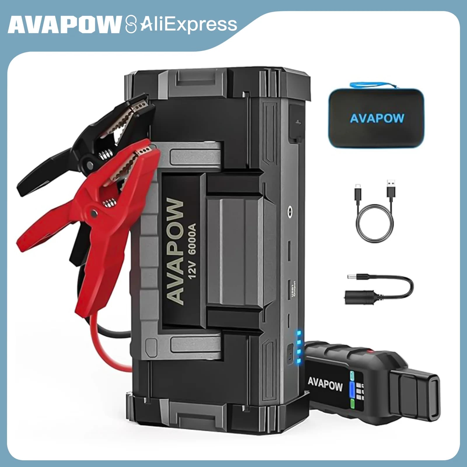 AVAPOW 6000A Avviatore di emergenza per batteria per auto Potente avviamento di emergenza per auto con doppia ricarica rapida USB e uscita CC, luce LED integrata