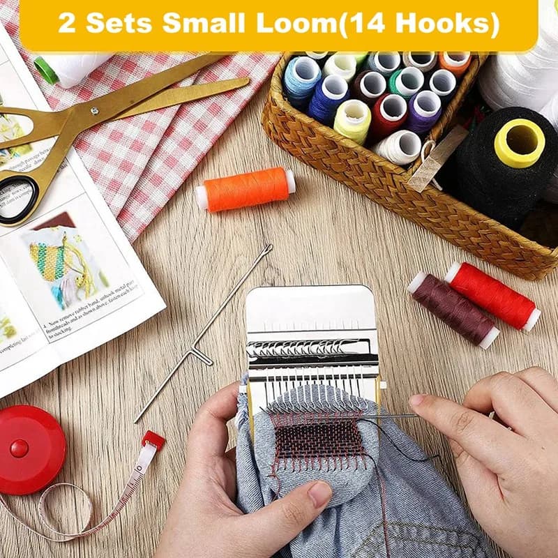 AB33-2 Sets Small Loom Speedweve Type Weave Tool DIY Wooden Speedweve Darning Tool Mini Fun Mending Loom (14 Hooks)