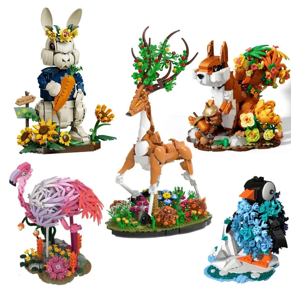 Blocchi da Costruzione Creativi a Forma di Animali: Modello di Alce, Coniglio, Fenicottero, Pinguino, Mattoncini Educativi Fai-da-Te, Giocattoli da Costruzione per Bambini, Regali
