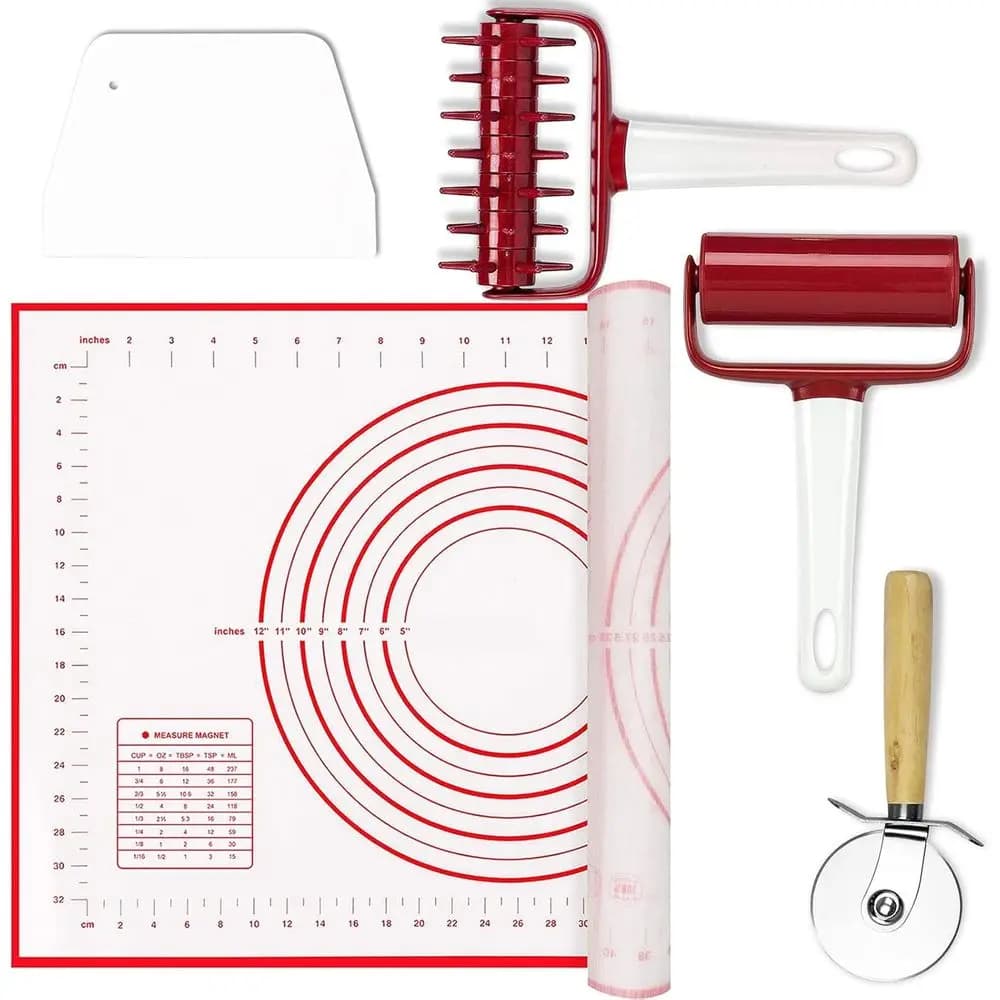 5-Piece Pizza Tool Kit: Pastry Roller, Dough Docker, Scraper Cutter, Pizza Wheel, Silicone Mat