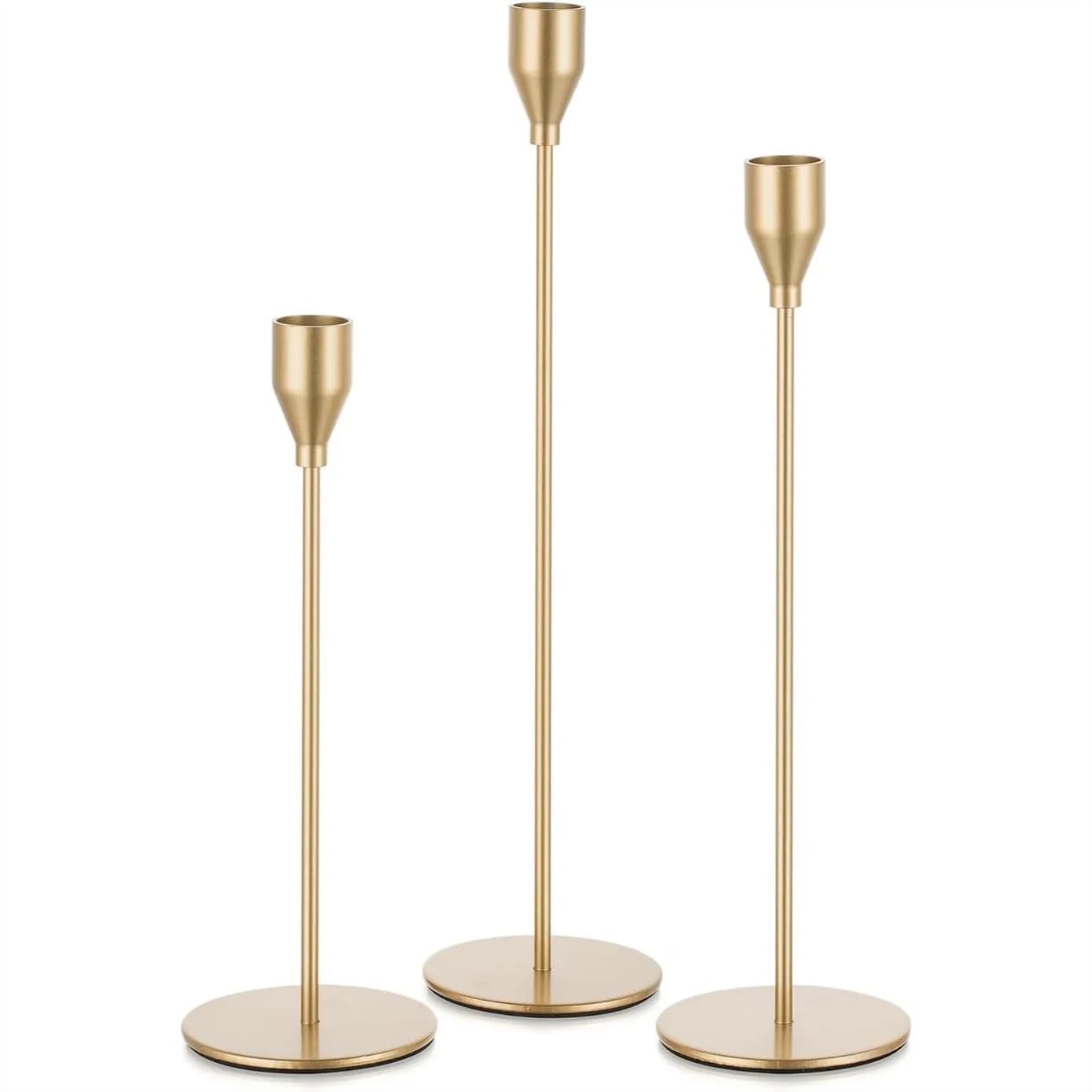 Set di 3 Portacandele Dorati in Metallo, Alti Candelabri per Centrotavola, Decorazioni per Matrimoni, Robusti e Facili da Montare