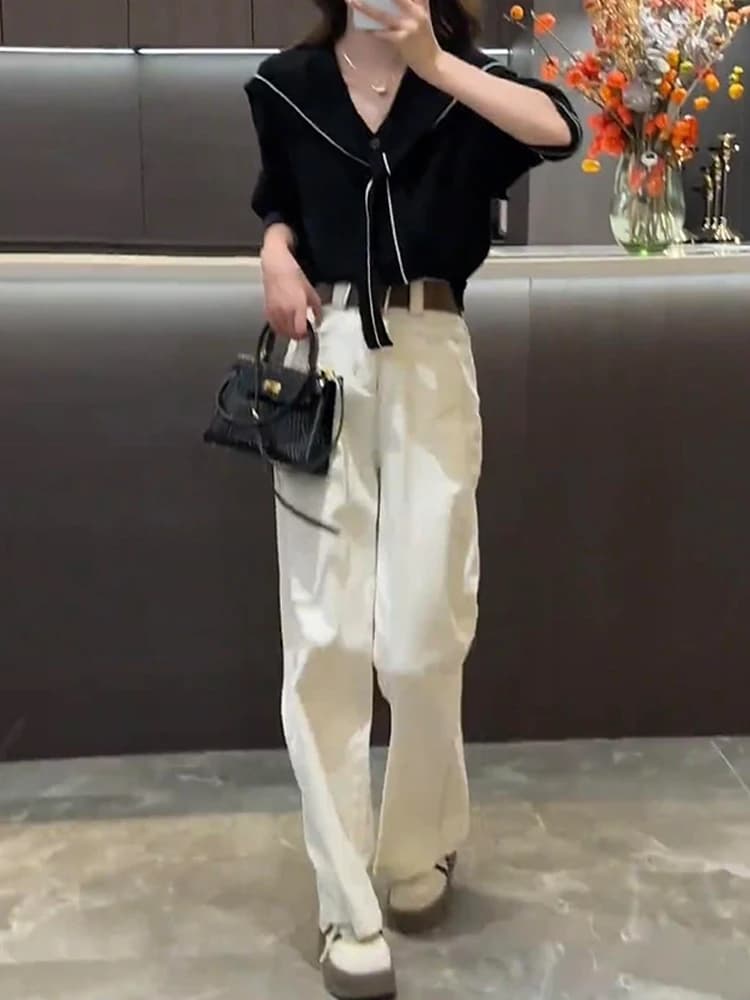 Fashionable Autumnal Women's Knitted Long Sleeve Top And Wide Leg Jeans Two Piece Set Color Block Casual Style High Waist