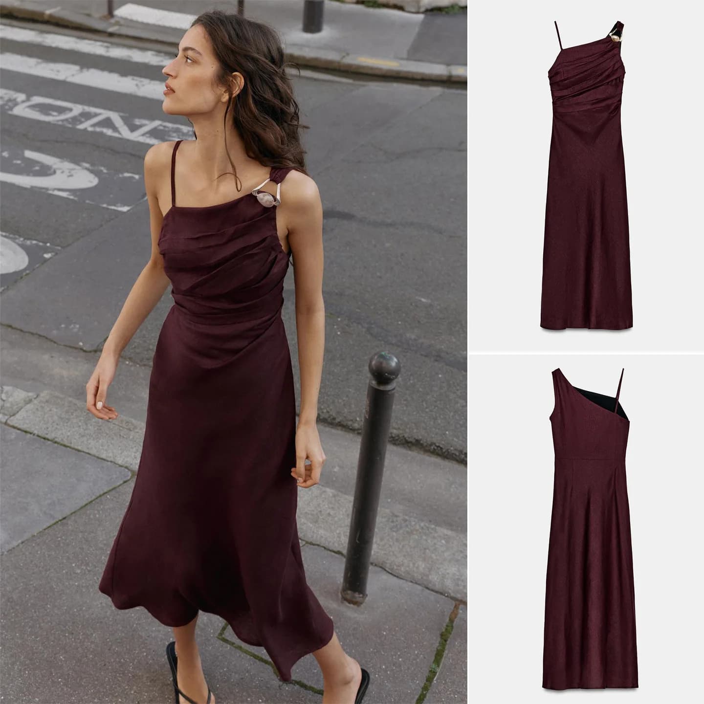 Spring New Arrival Women's Holiday Style Asymmetric Neckline Midi Dress Decorative Pleats Strapless A-Line Skirt Dress