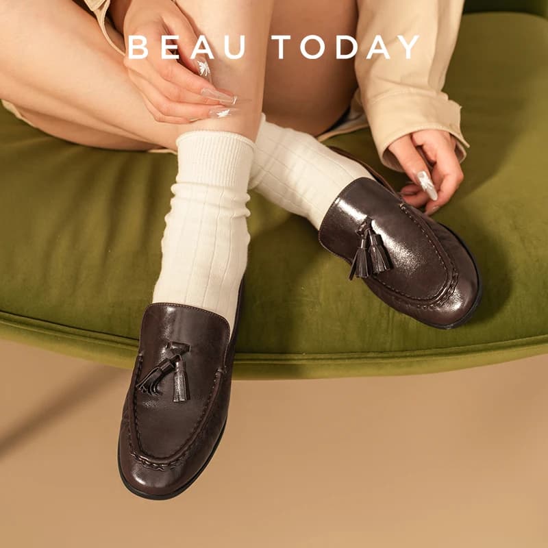 BEAUTODAY Mocassini with fringes Woman Peacockskin Ceretta Round Toe Slip-on Apartments Casual Women's Office Shoes Handmade 26278