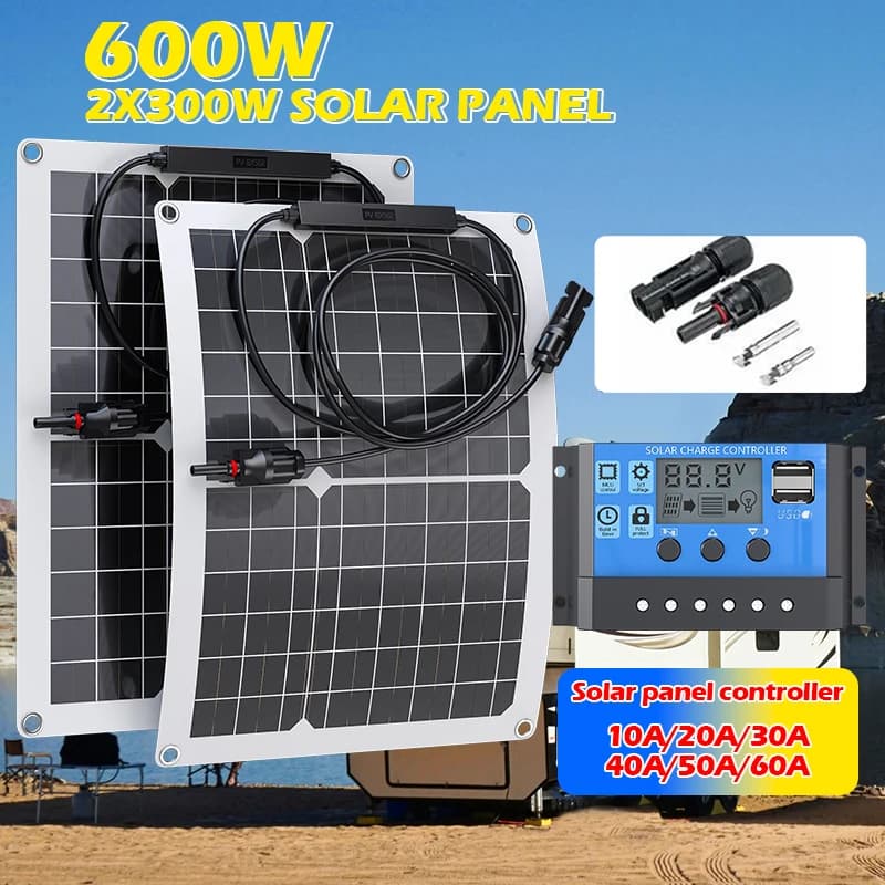 Kit pannello solare da 600 W completo USB 18 V con celle solari controller 100 A per caricabatteria per telefono mobile da campeggio per yacht RV per auto