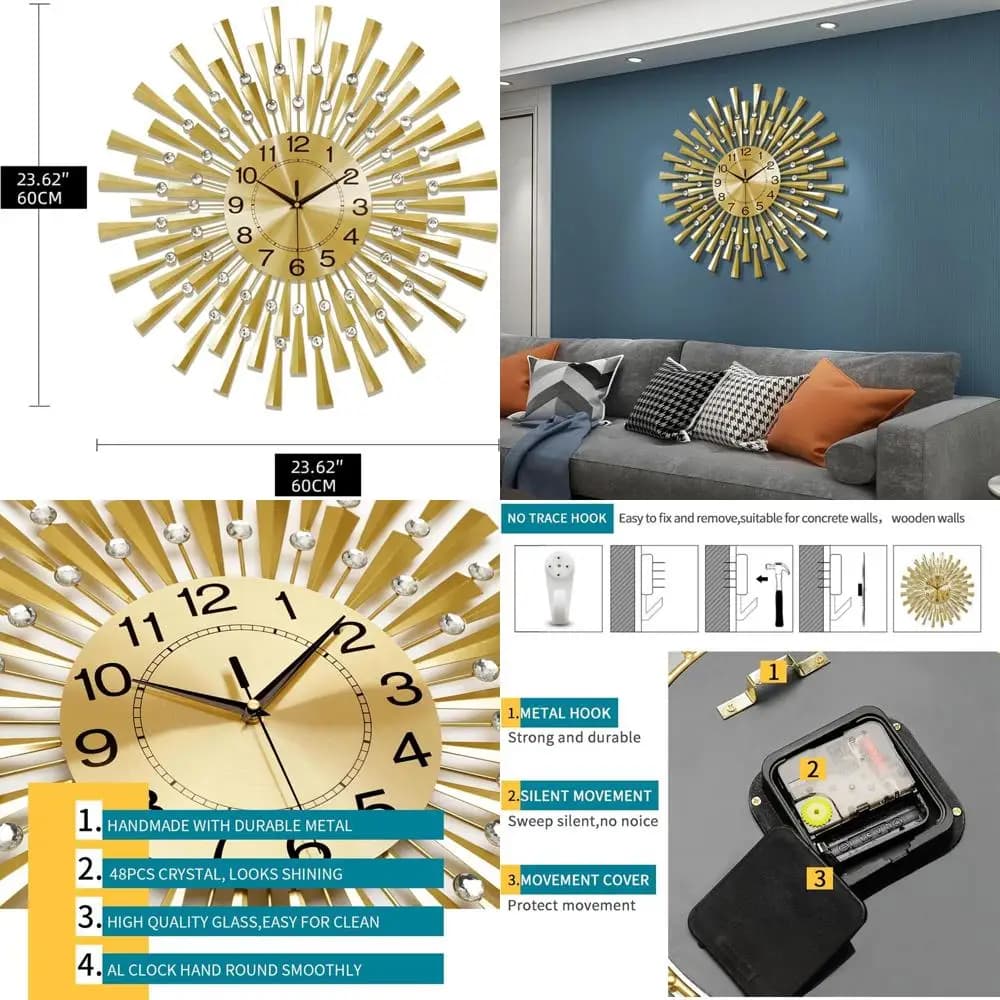 24 Inch Silent Wall Clock, Battery and No Ticking, Ideal for Living Room, Bedroom, Kitchen and Home Office
