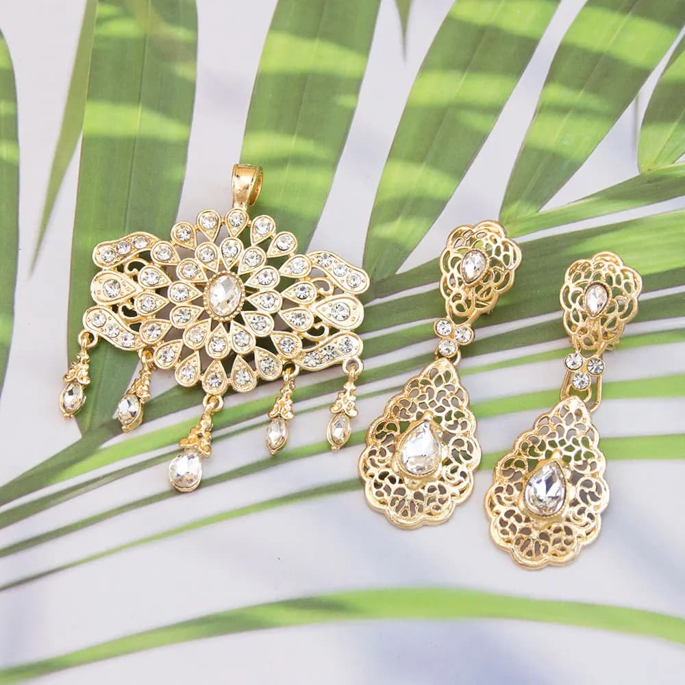 Gold Color Moroccan Jewelry Women Caftan Brooch Pins Drop Earring Arabic Bridal Sets Crystal Algeria Bijoux
