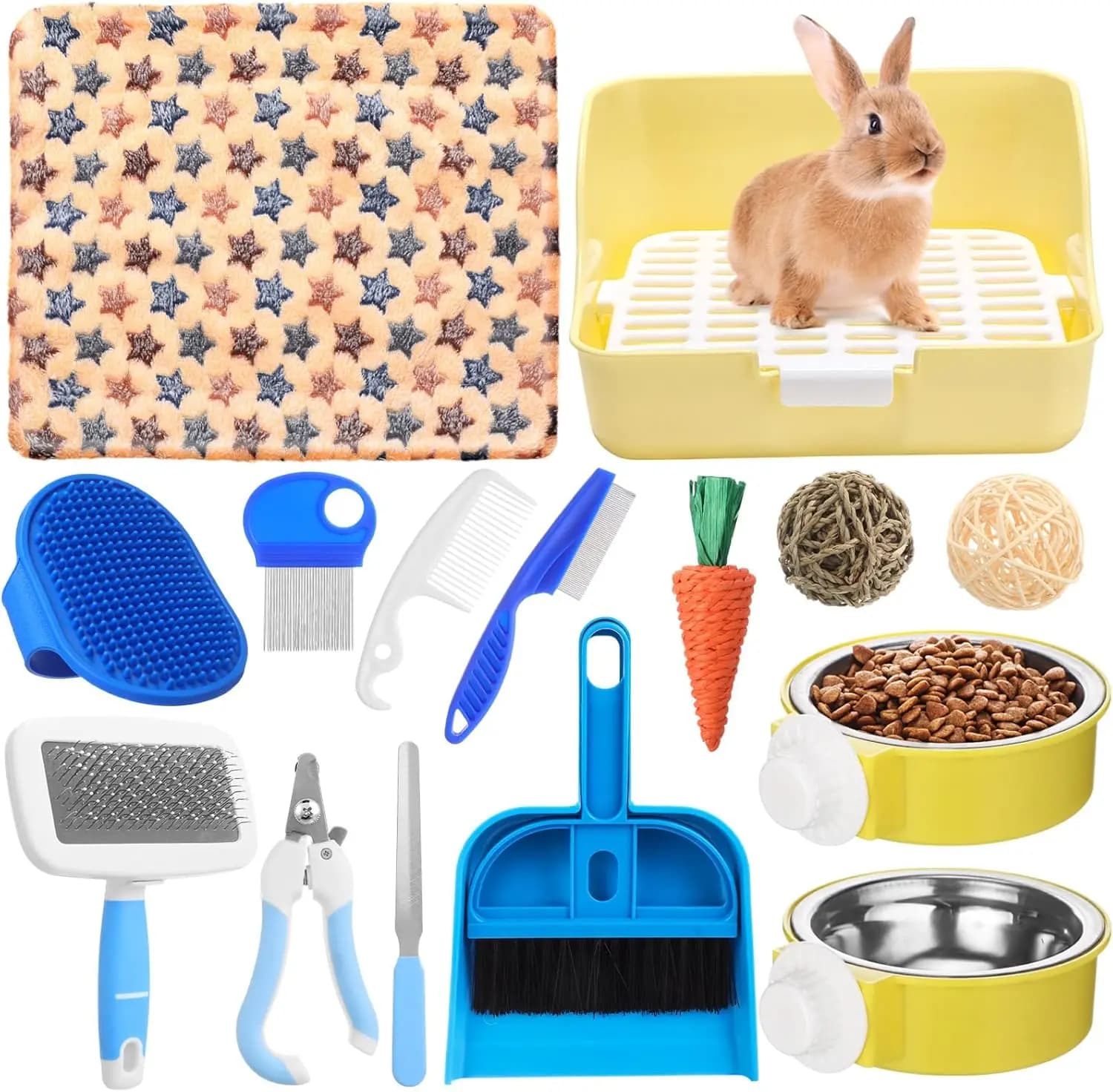 Kit di Avviamento per Coniglietti da 15 Pezzi, Lettiera per Conigli, Regalo per Ragazze, Kit per la Cura degli Animali, Giocattoli per Conigli, Ciotola, Coperte con Accessori per la Pulizia