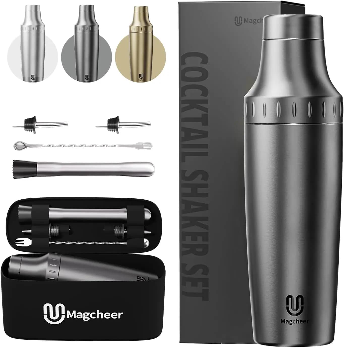 Set shaker per cocktail in acciaio inossidabile isolato sotto vuoto con filtro e coperchio Jigger, kit bar da viaggio grigio canna di fucile da 30 once