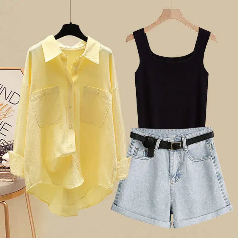 Summer Sun Protection Fashion Set Women's New Korean Long Sleeve Shirt Strap Vest Slimming Jeans Shorts Three Piece Set