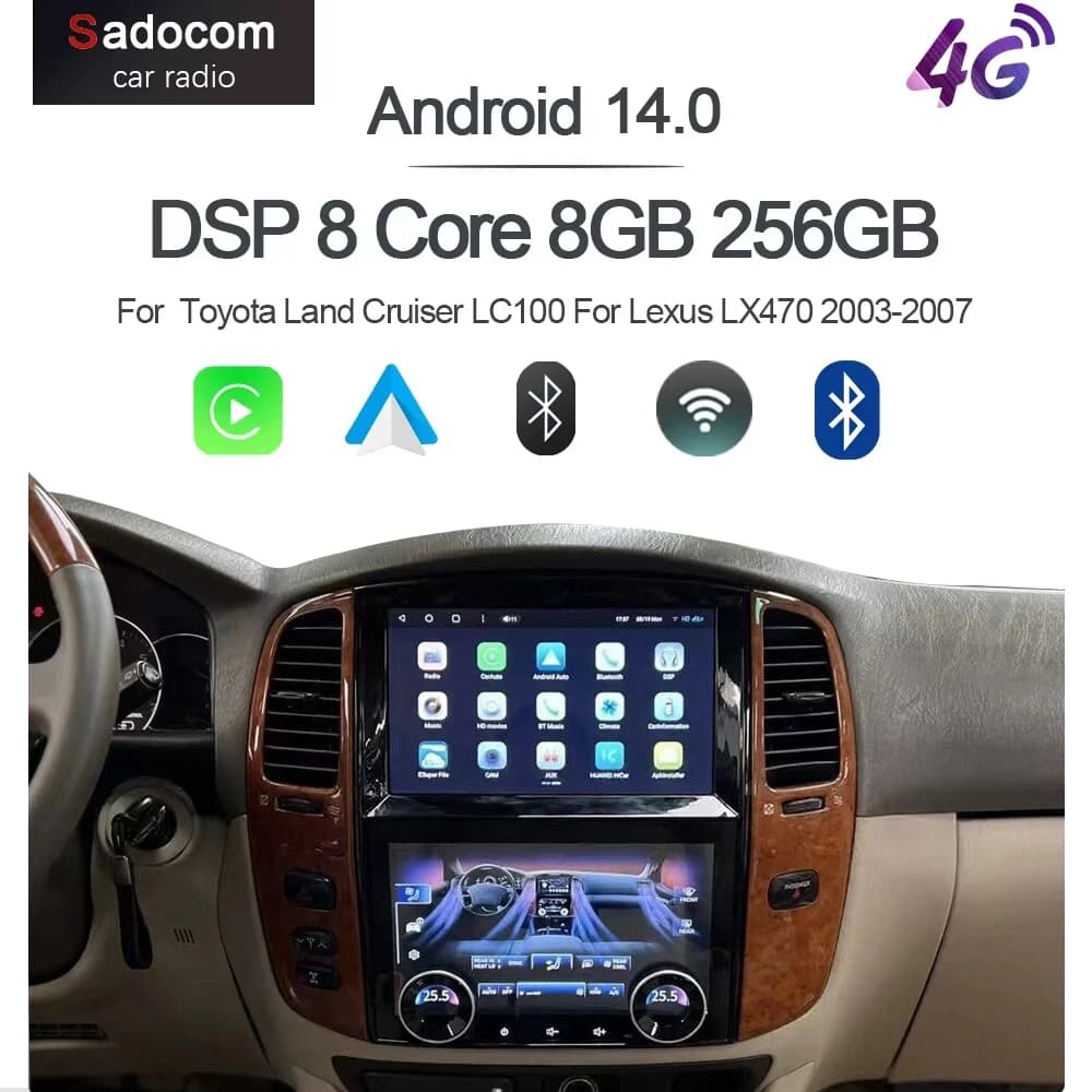 Pannello AC CarPlay Lettore Multimediale 10.1 ''Carplay Android 14 Navigazione GPS WiFi radio Per Toyota LC100 Lexus LX470 2003-2007