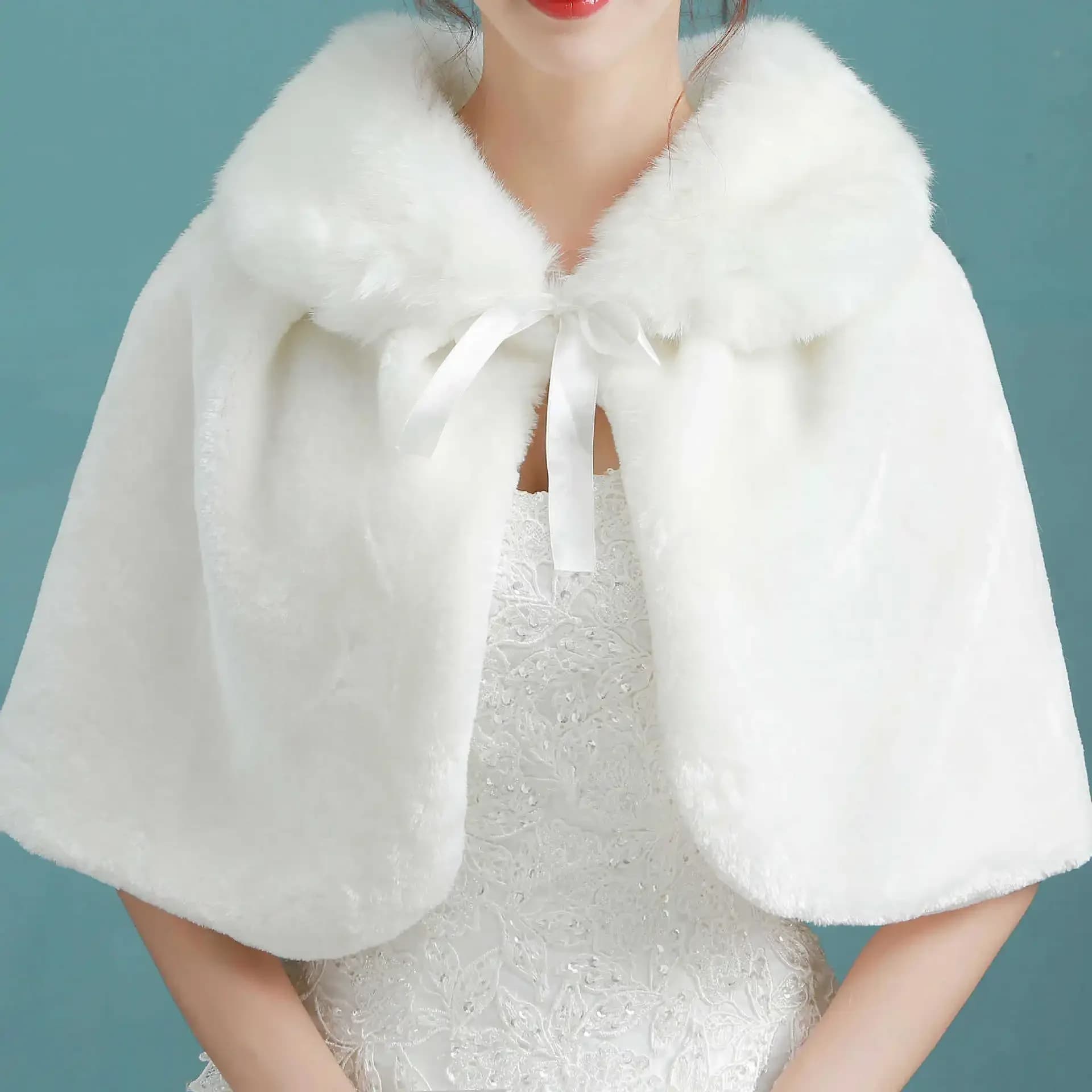 Sciarpa/Stola Invernale da Donna in Peluche Spesso, Lunga fino al Gomito, per Matrimoni e Sposa, con Fiocco in Nastro e Laccetti