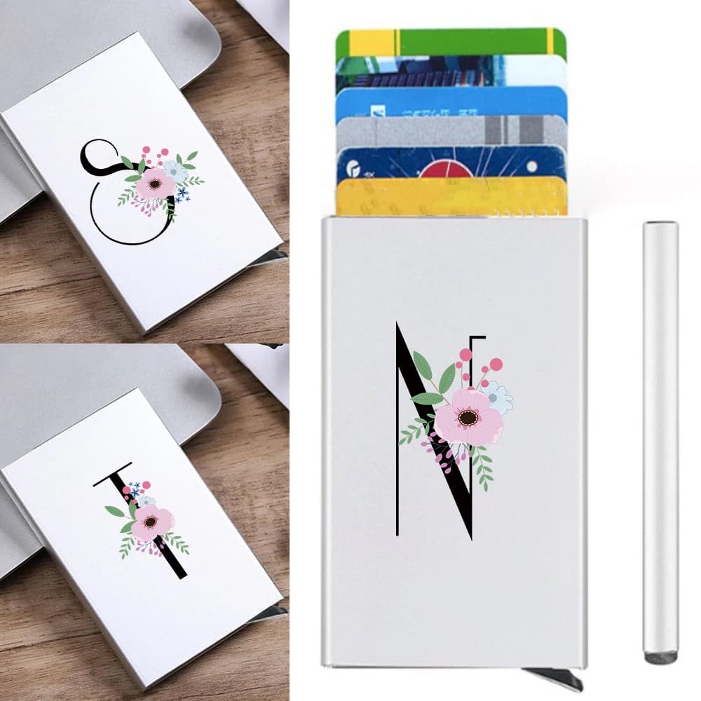 Scatola per carte RFID con blocco in metallo pop-up Serie fiore e nero Mini portafoglio portatile Regali Porta carte di credito bancarie in metallo di moda