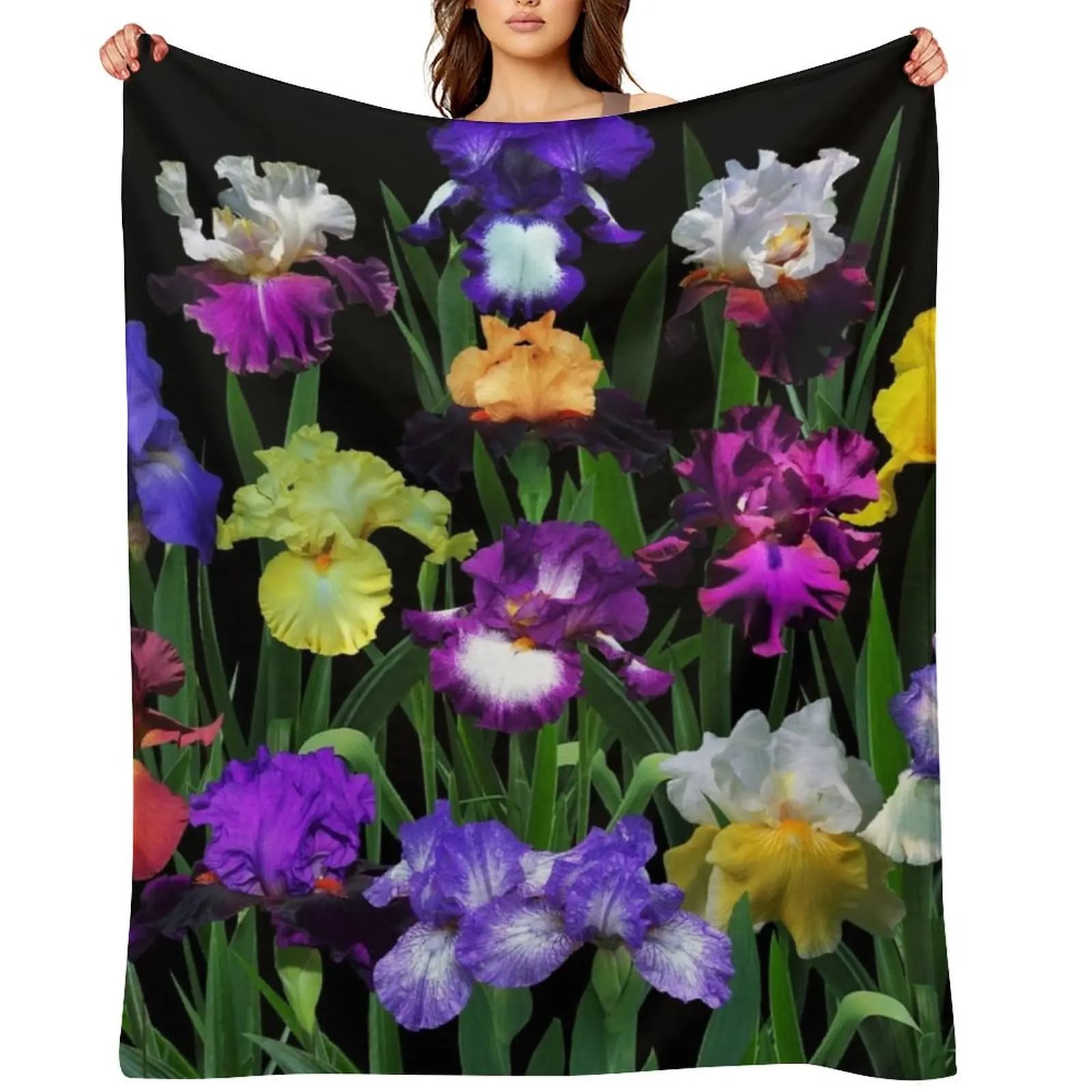 Garden blanket Iris on black, thin blanket for nap, Christmas decoration, blanket for sleeping bag