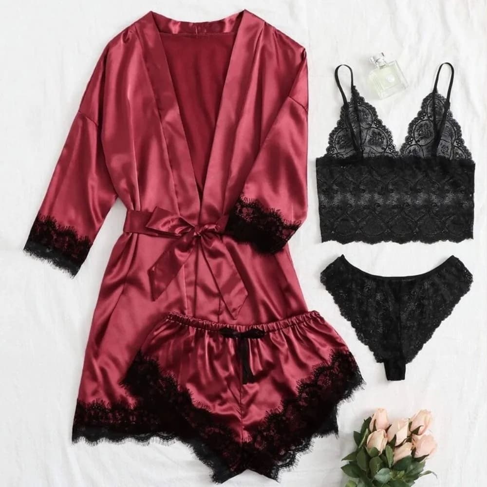 Fashion Elegant Satin Pajamas Outfit Bowknot V-Neck Shorts Camisole Nightdress Ice Silk Panties Lace Sleepwear Sets Summer