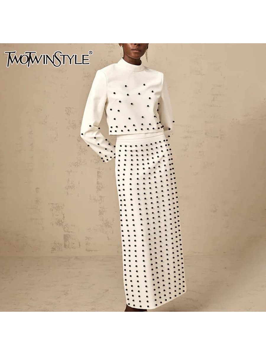 TWOTWINSTYLE Slimming Two Piece Set For Women Round Neck Long Sleeve Top High Waist Skirt Spliced Pearls Elegant Sets Female New