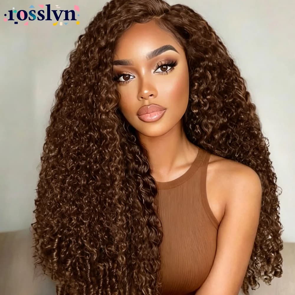 34 Inch 13x4 HD Chocolate Brown Burmese Curly Lace Frontal Wigs Human Hair Burmese Colored 13x4 Water Curly Human Hair Wigs For Women 200 Density Preplucked