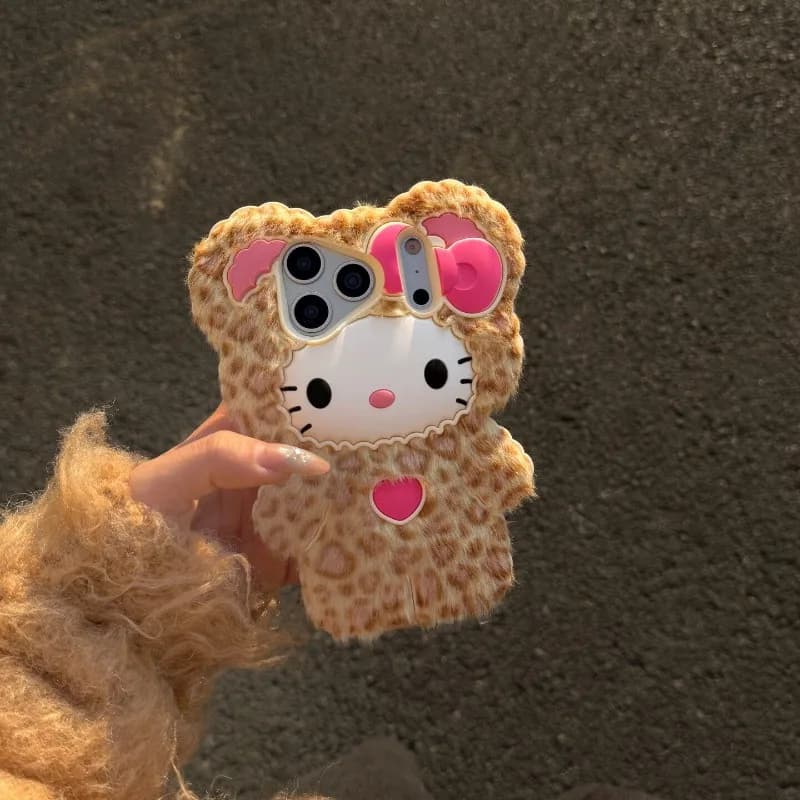 Custodia Protettiva Integrale Antiurto in Silicone Morbido con Design 3D di Hello Kitty e Leopardo per iPhone 17 16 15 14 13 12