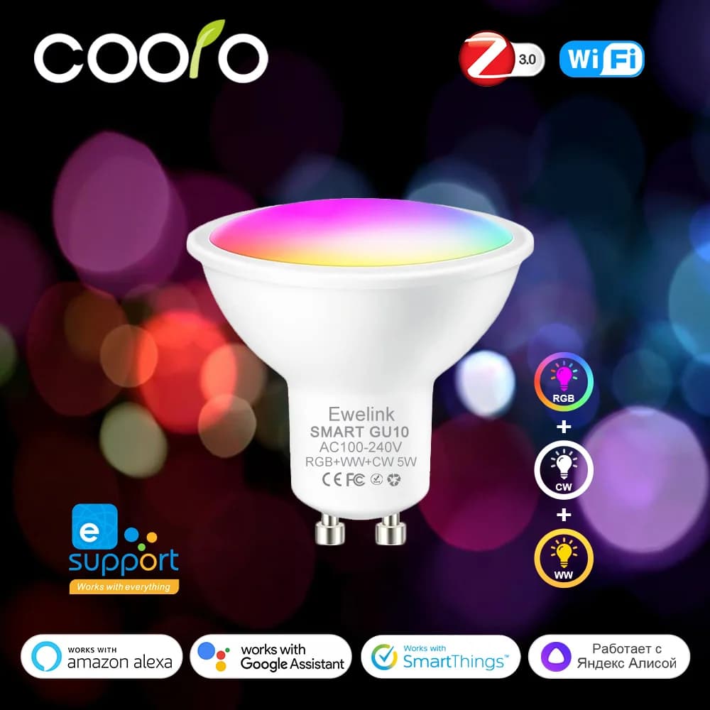 ZigBee GU10 WiFi Smart LED Lampadina RGB W + C 5W Lampade dimmerabili EWelink APP Controllo Faretto Lampadina Funziona con Alexa Google Alice