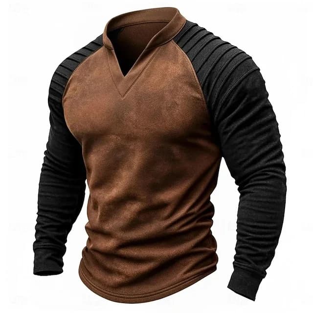 2026 Autunno Inverno Uomo Con Scollo A V T-Shirt Moda Patchwork Manica Lunga Casual Maglietta Maschile Sport Pullover Tees Streetwear Magliette e camicette